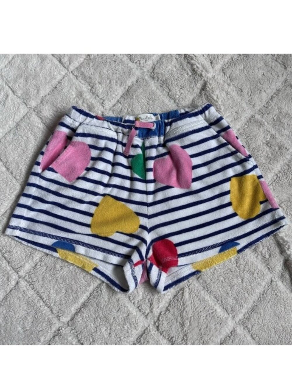 Mini Boden | Rainbow Hearts Striped Toweling Shorts | Size 12Y
